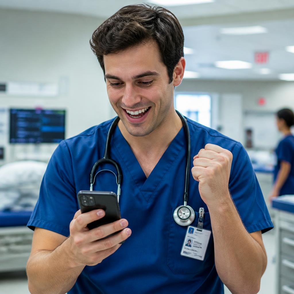 Médico animado ao encontrar a resposta que precisava no celular