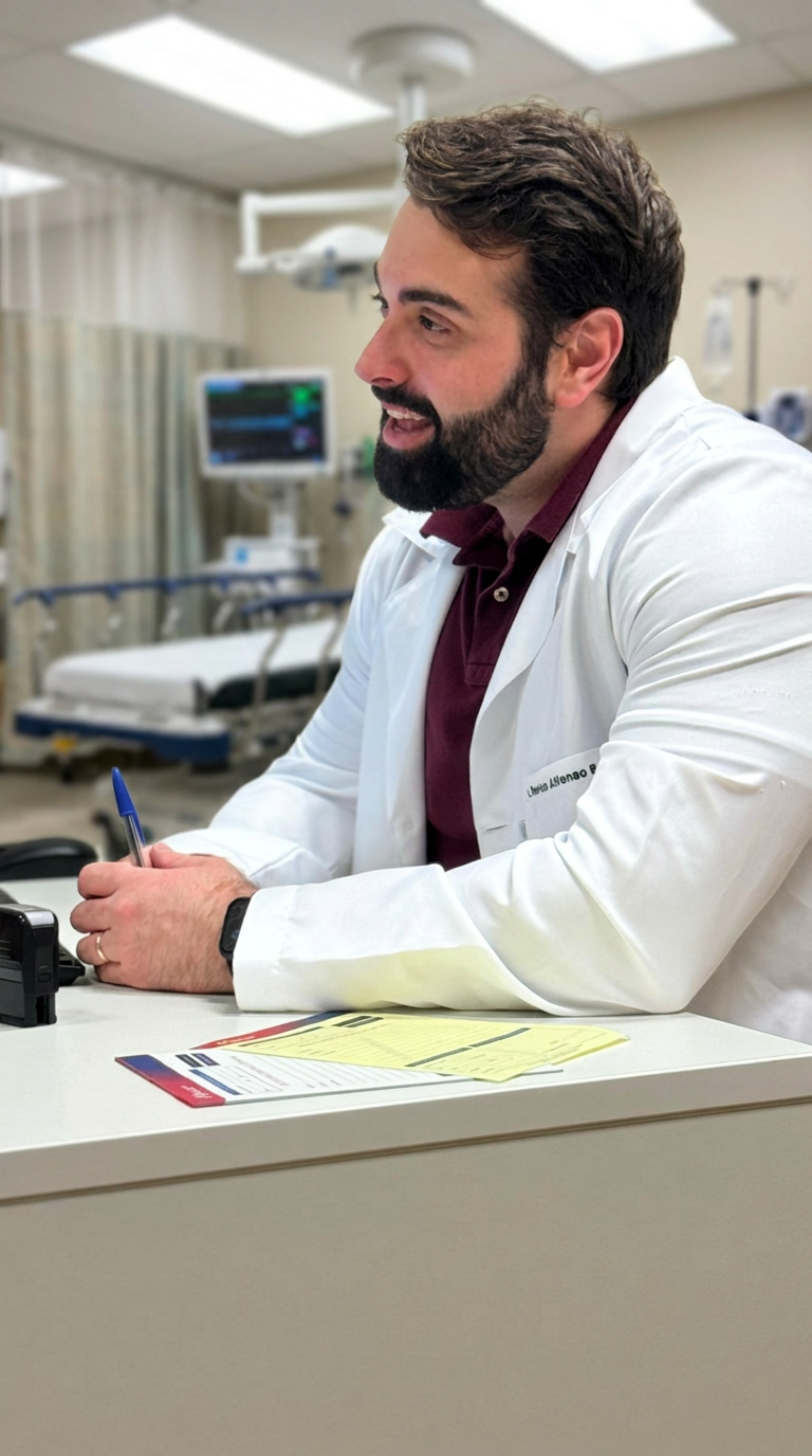 Dr. Enrico Barletta em um ambiente de emergência hospitalar