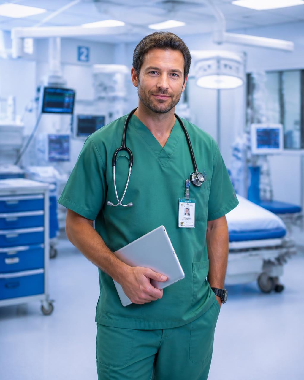 Médico tranquilo e seguro no plantão utilizando o Guia Prático Dominando o AVC