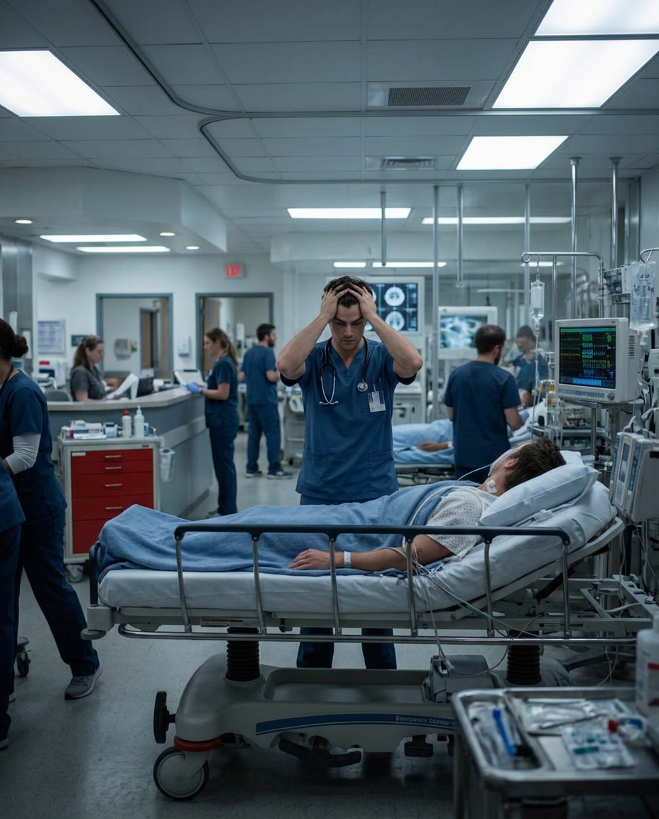 Médico na sala de emergência avaliando um paciente com AVC, com expressão de insegurança