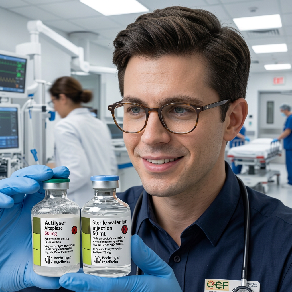 Médico confiante preparando o trombolítico alteplase