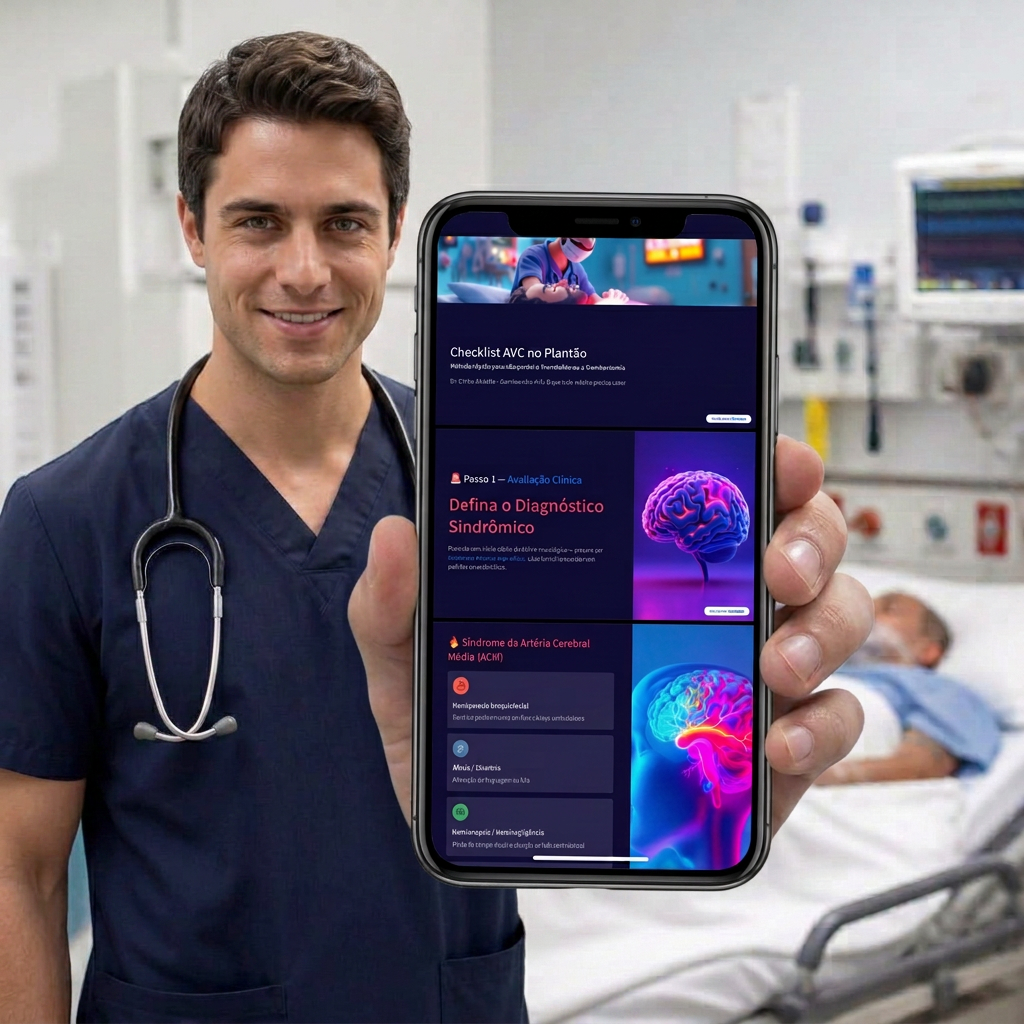 Médico à beira-leito consultando o Checklist AVC no celular